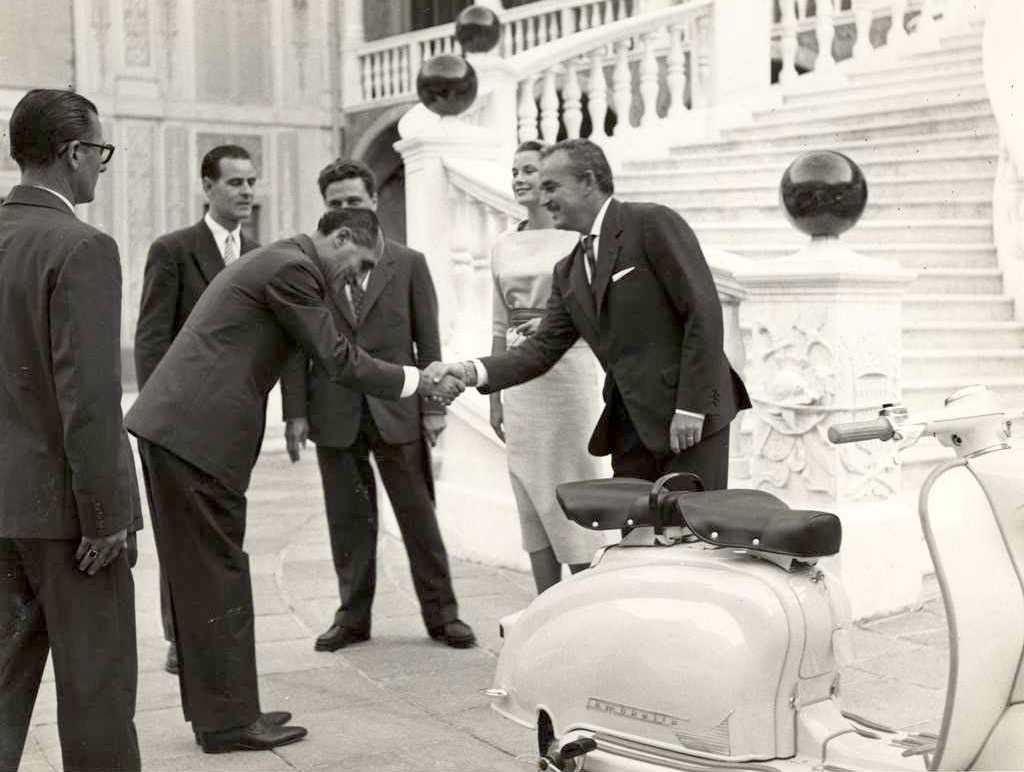 1958 Prince Rainier of Monaco and princess Grace Kelly with a Lambretta 150 LI SERIES 1