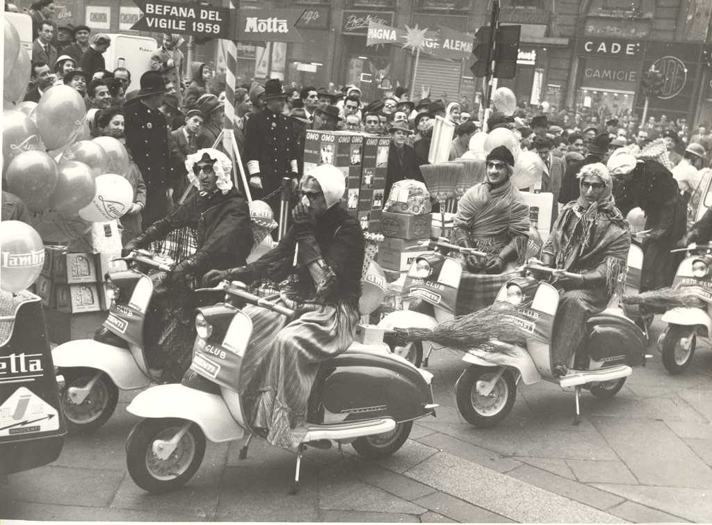 1962 Epiphany day (the three kings) in Milan with Lambretta scooters