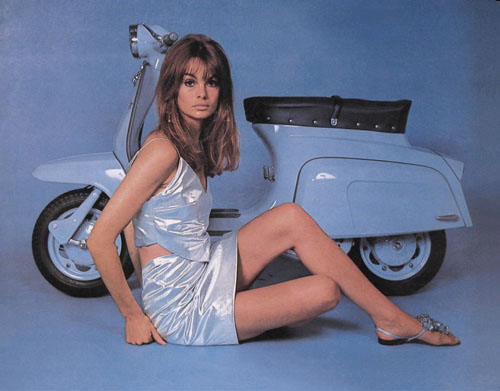 Jean Shrimpton with purple Lambretta scooter