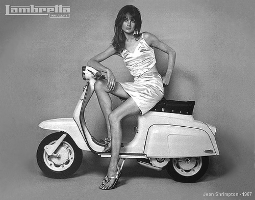 Jean Shrimpton on Lambretta scooter in 1967